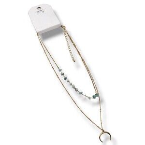 Gold Tone Layered Necklace Mint Chip Stones Crescent Moon Pendant NWT